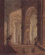 The interior of a classical building,with soldiers guarding the entrance at the base of a set of steps unknow artist
